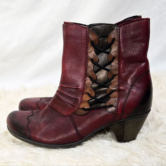 Remonte Shoes - Remonte Leather Ankle Boots Burgundy Red Retro Steampunk Zipper Heel Victorian